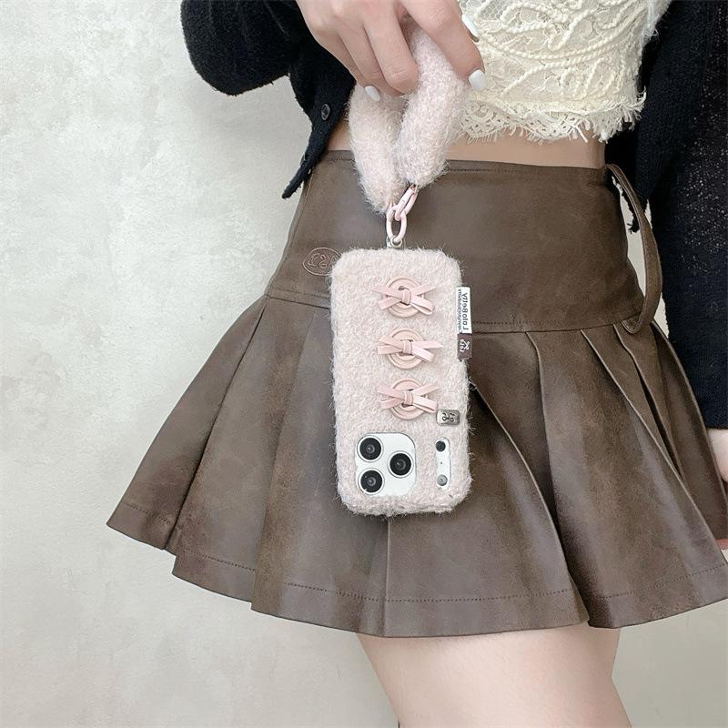 Winter Velvet 3D Bow Button Phone Case for iPhone 17/16 Pro Max/15/14
