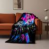 A Vibrant Futuristic Character Wielding a Large Weapon, with Graffiti Art. for All Seasons Blanket Lunch Break Throw Gift