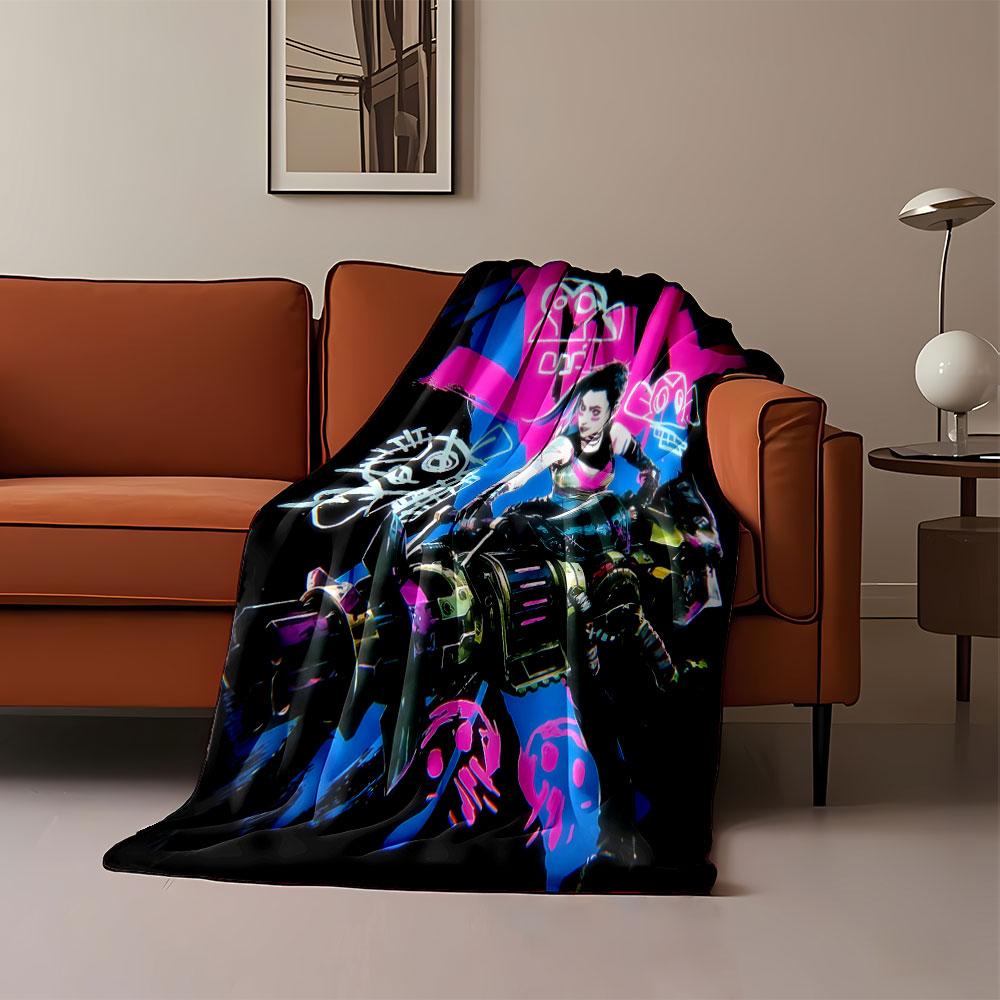 A Vibrant Futuristic Character Wielding a Large Weapon, with Graffiti Art. for All Seasons Blanket Lunch Break Throw Gift