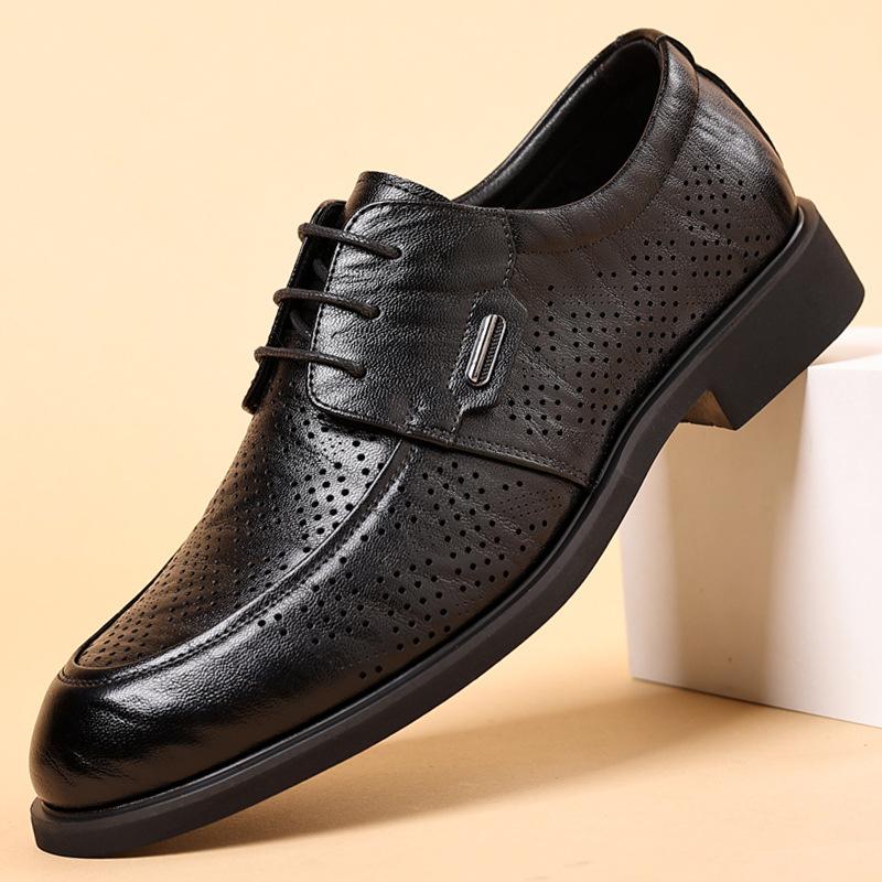 

Mens Brown Burnished Genuine Leather Perforated Metal Decor Lace Up Formal Business Office Breathable Summer Fashion Simple 37