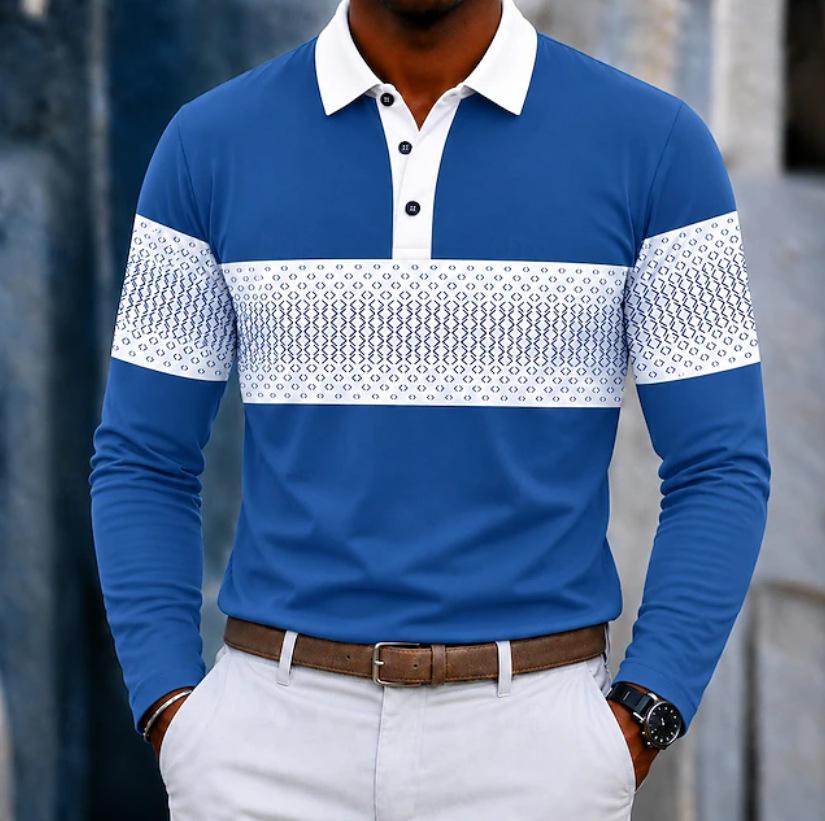 Stylish Long Sleeve Polo Shirt with Geometric Pattern, Perfect for Casual Daily Wear.