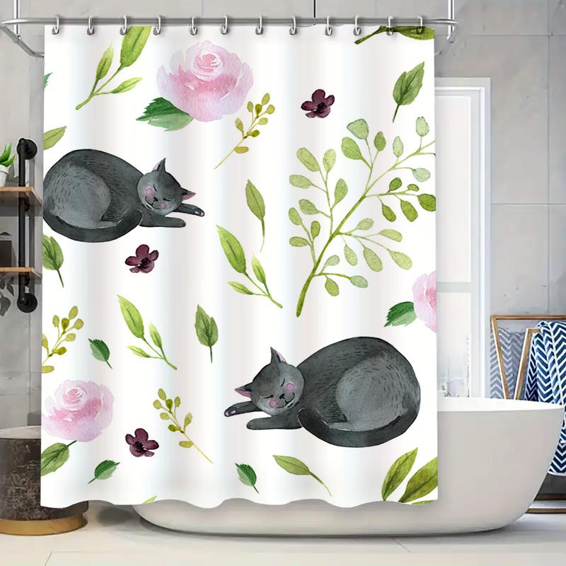 

Креативная цветочная кошачья печать Шторка для душа, Декор для ванной комнаты, Водонепроницаемая ткань Розовые розы Зеленые листья Дизайн для домашнего декора (W 90x180cm