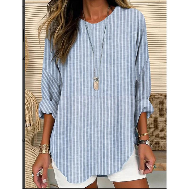 Women s Round Neck Three Quarter Sleeve Linen Blouse Loose Fit Casual Vertical Stripe Curved Hem Tunic Top S
