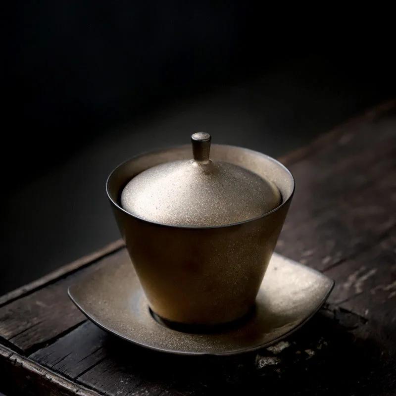 Master crafts Gilding Antique Ceramics Cover Teacup Large Gaiwan Vintage Tea Brewing Bowl Tea Cup Vintage Tea Bowl