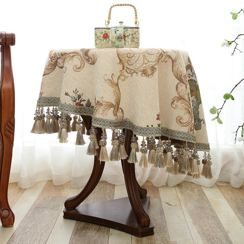 Vintage Chenille Jacquard Round Table Cover Floral European Home Decor with Tassels for Dining Coffee Party Wedding