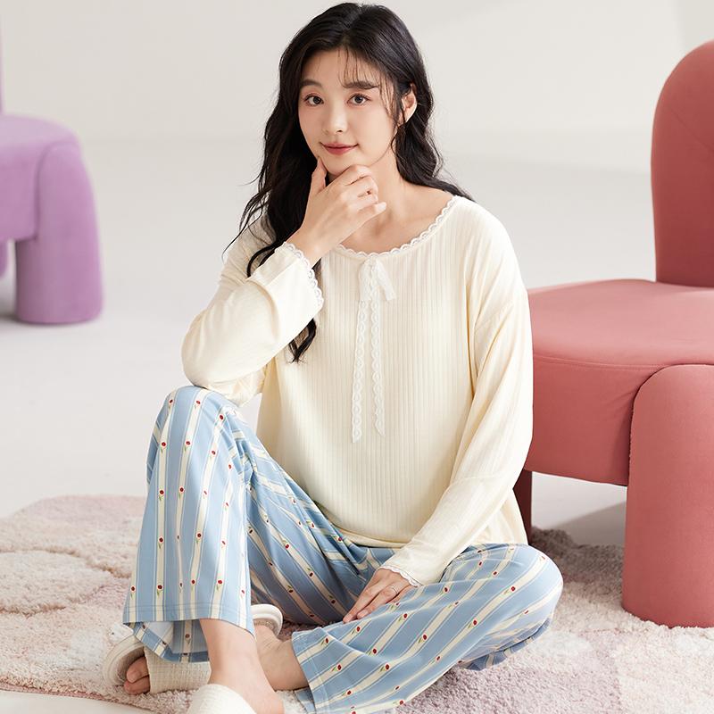 

Пижамный комплект с синим цветком для женщин, одежда для сна с длинными рукавами и длинными штанами, осенне-зимняя милая пижама, уютная мягкая пижама для девочек, кавайные пижамы 2XL