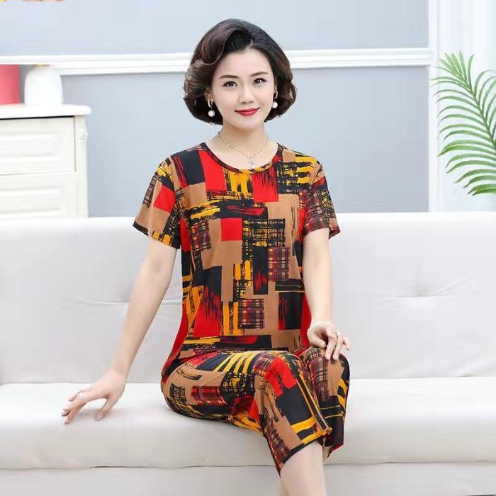 Ice Silk Suit Pajamas Women's Summer Short-sleeved Middle-aged Casual Wear Can Be Worn Outside Mother's Thin Two-piece Set