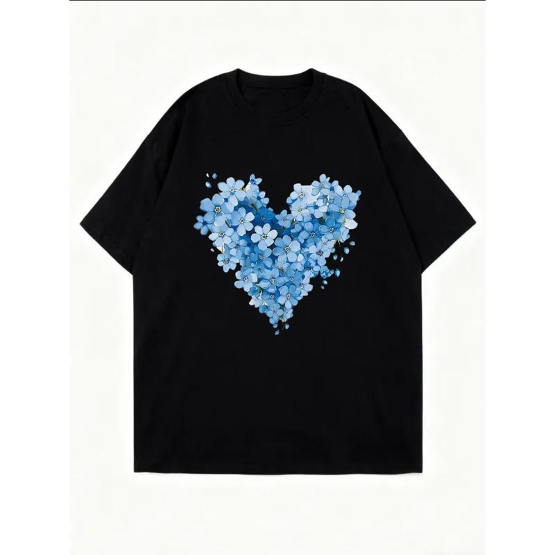 Kurzarm-T-Shirt für Damen mit herzförmigem Muster aus blauem Blumenprint