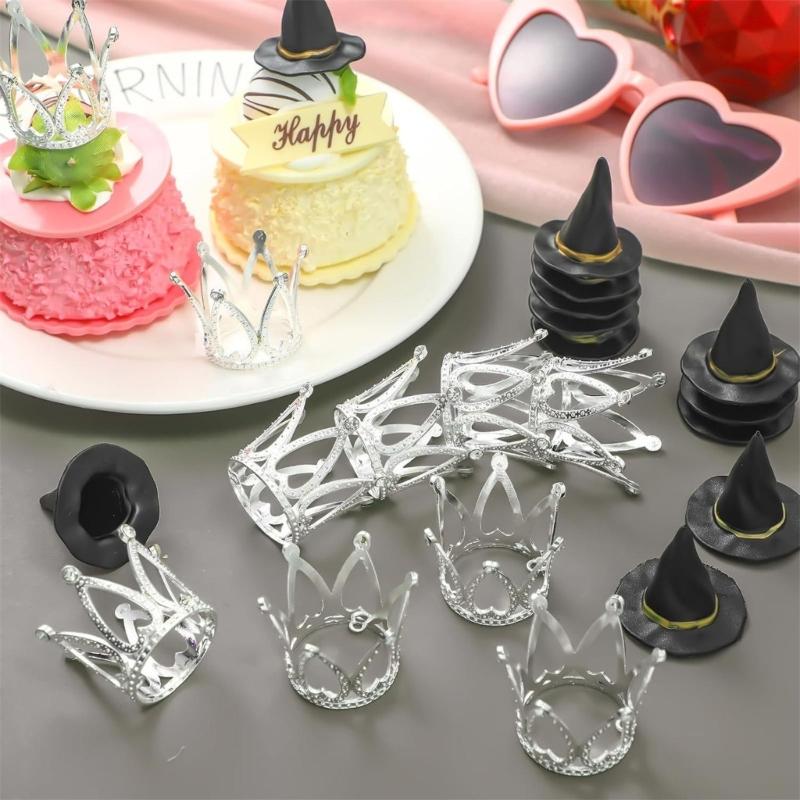 Pack of 24 Plastic Witch Hat and Crowns Cake Toppers for Birthday Party Halloween Decorations Cupcakes Accessories