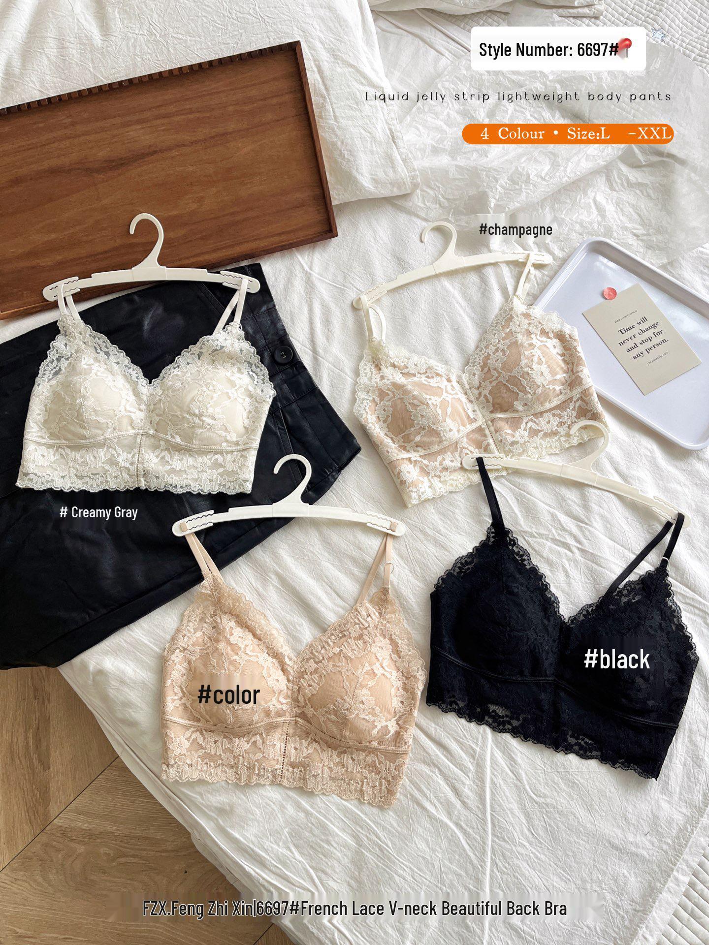 Spring/Summer V-Neck Lace Wireless Bra with Thin Straps and Fixed Cups - Anti-Nipple Show, Bandage Style L