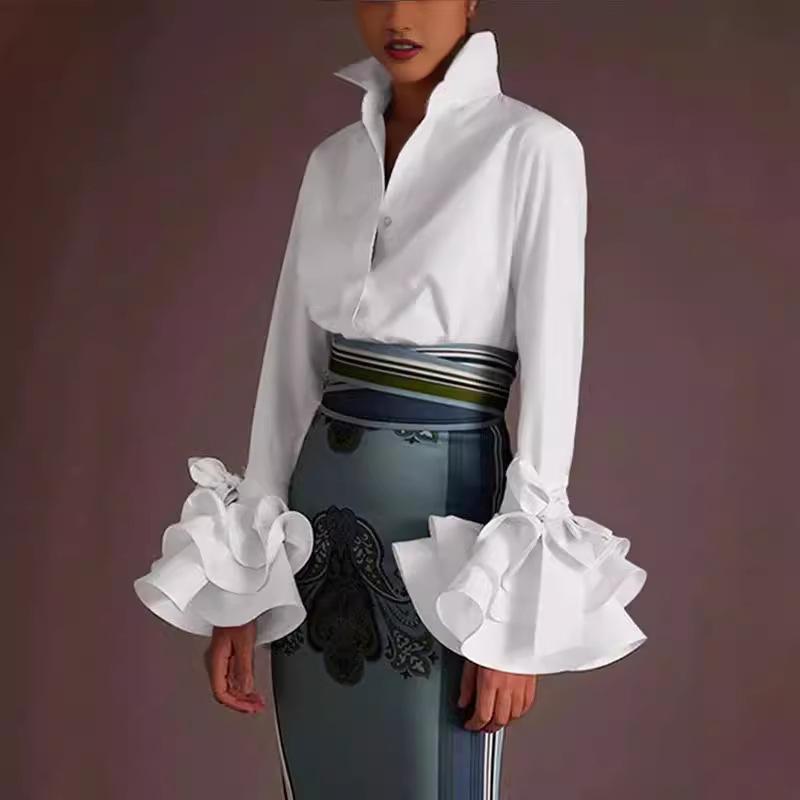 

2025 Autumn New Collection, Women s, Solid Color, Slim Fit, Casual, Lotus Leaf Sleeve Shirt, Women s Top S білий