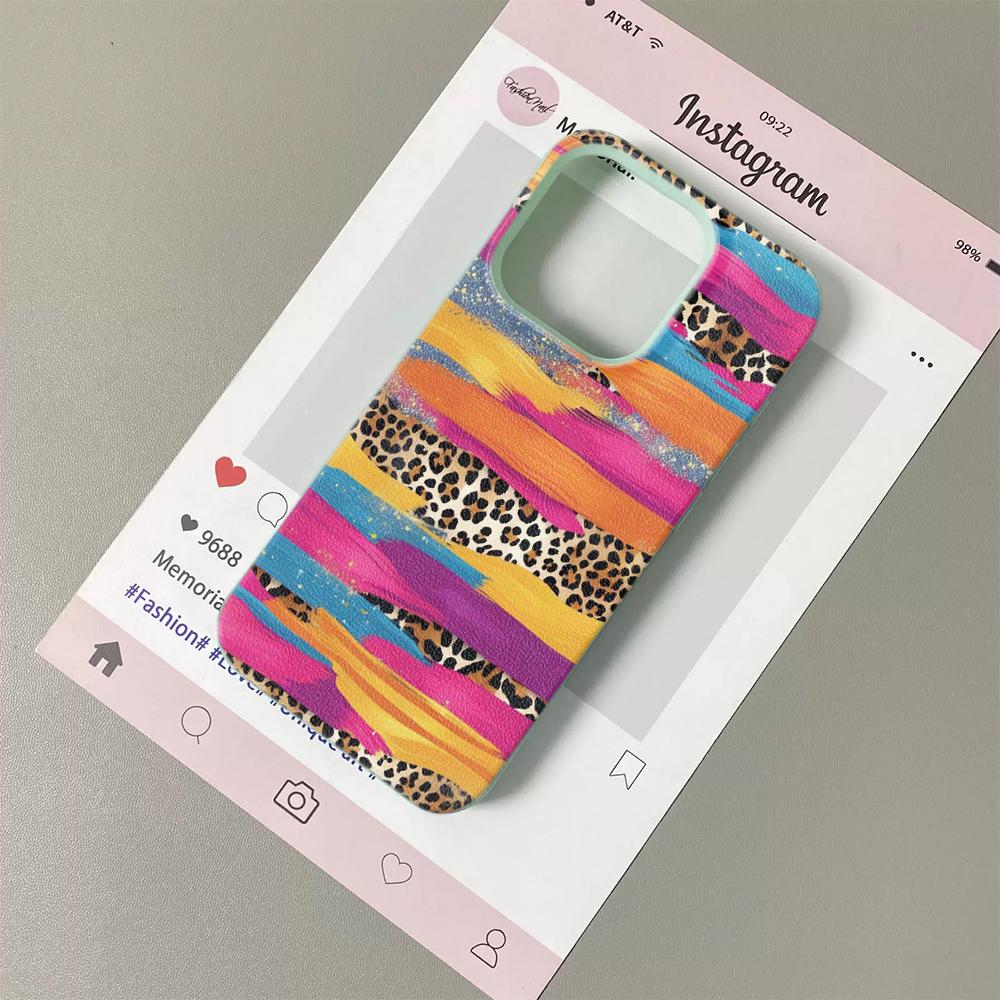 Phone Case For iPhone 17 17Air 16 15 14 13 12 11 Pro Max Colorful Pigment Leopard Print Lychee Grain Silicone Soft Cover Funda