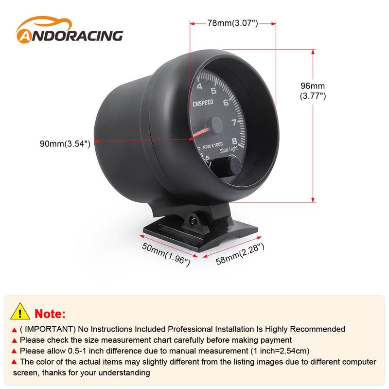 12V Tachometer Gauge 3.75'' Car Universal Black Tachometer Gauge 7color Inter Shift Light 0-8000 RPM Fit 4 6 8 Cylinder