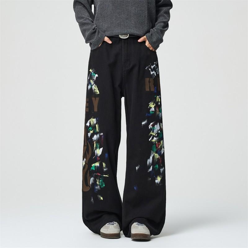 Mens Streetwear Loose Straight Leg Pants Flame Print Casual Trousers