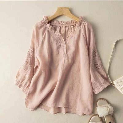 Summer Women's Retro Embroidered Top Casual V-neck 3/4 Sleeve Lace Patchwork Loose Blouse