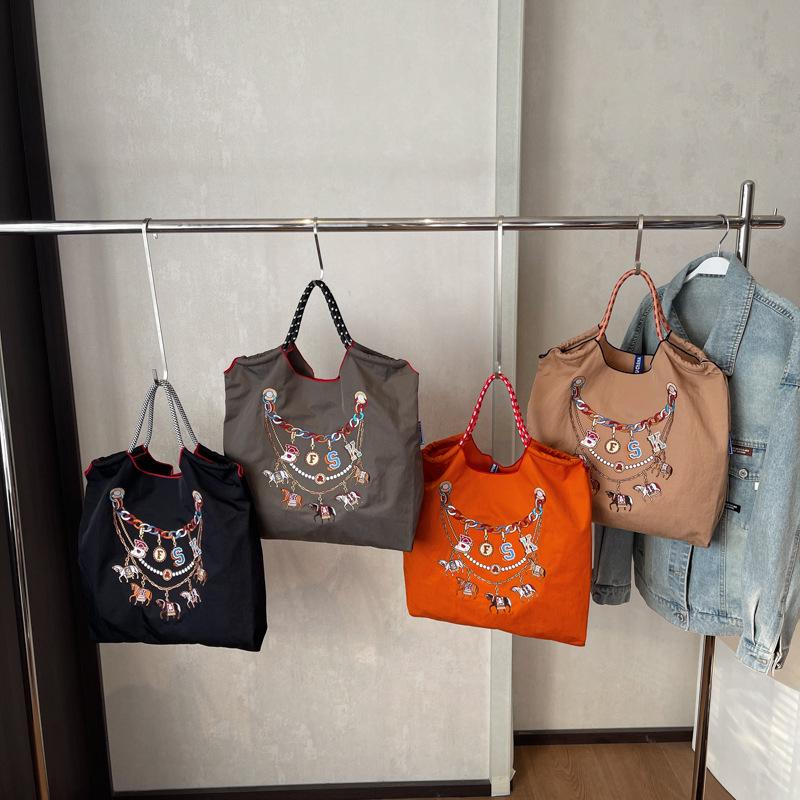 2026 Spring Japanese Style Eco-friendly Nylon Embroidered Tote - Large Capacity Casual Single Shoulder Bag for Women
