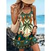 Women's Summer Vacation Tropical Floral Print Round-Neck Spaghetti-Strap Dress Stylish Spaghetti-Strap Dress with Pockets