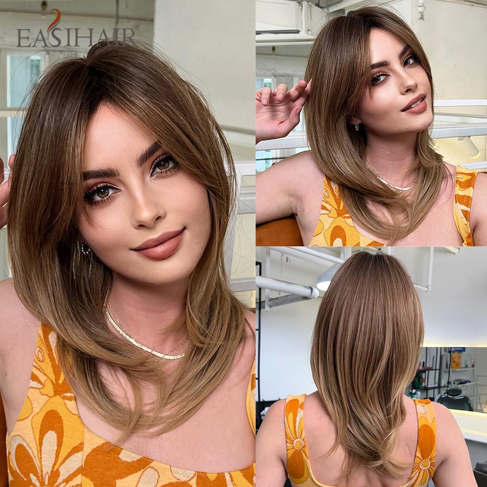 EASIHAIR Dark Brown Black Synthetic Wigs with Bangs Medium Straight Layered Natural Hairs for Women Daily Cosplay Heat Resistant