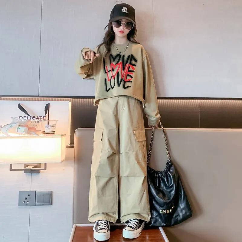 Girls' 2025 Autumn Street Style Cargo Pants Two-Piece Set for Big Kids