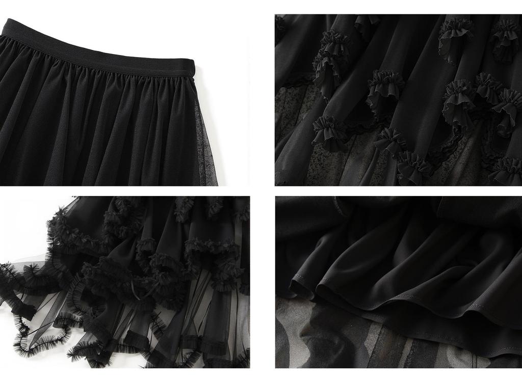 Women's Japanese Style Ruffle Mesh Midi Skirt - Fluffy Fairy Gauze with Wide Hem