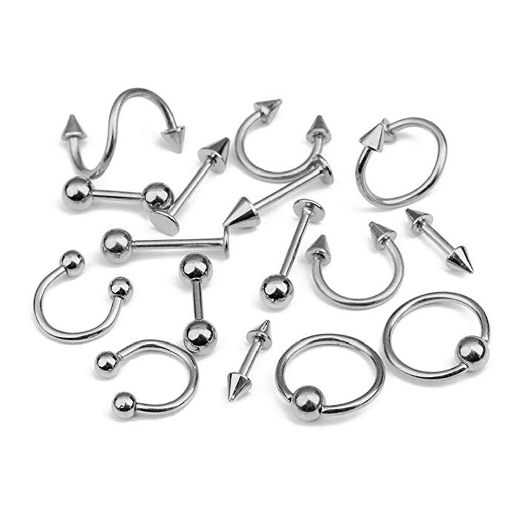 16Pcs Piercing Tongue Bar Set Mixed Body Jewellery Surgical Steel Assortment Spiral Rings Attractive for Women Banquet
