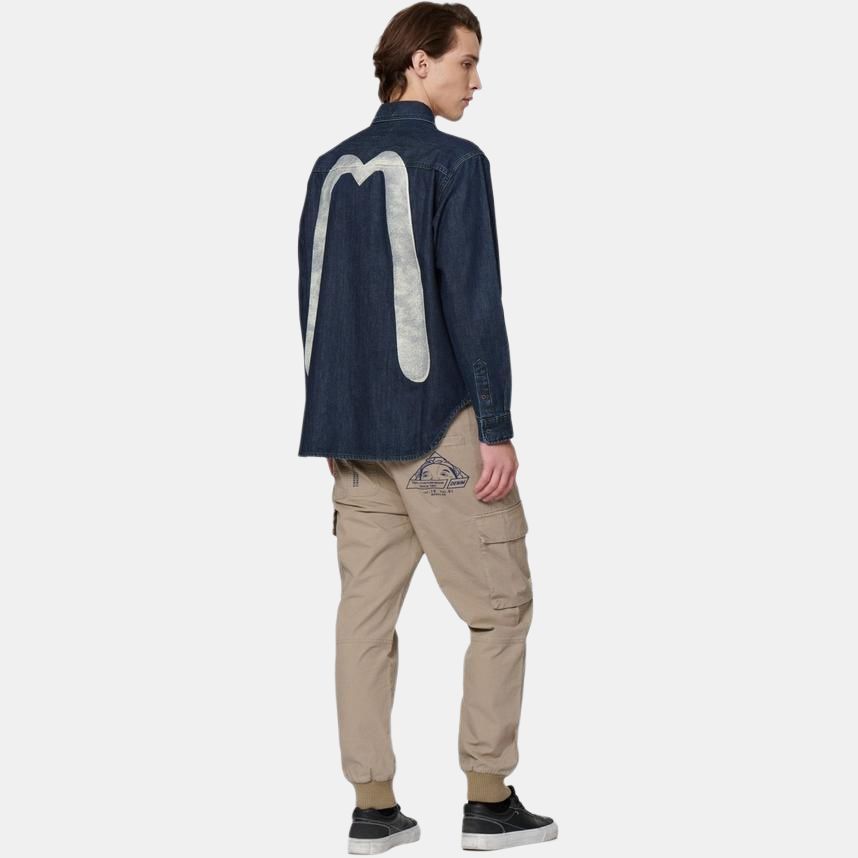Evisu Classic Big M Print Long Sleeve Shirt Men Shirts Denim-Blue 2EAHTM2SL159RXDN