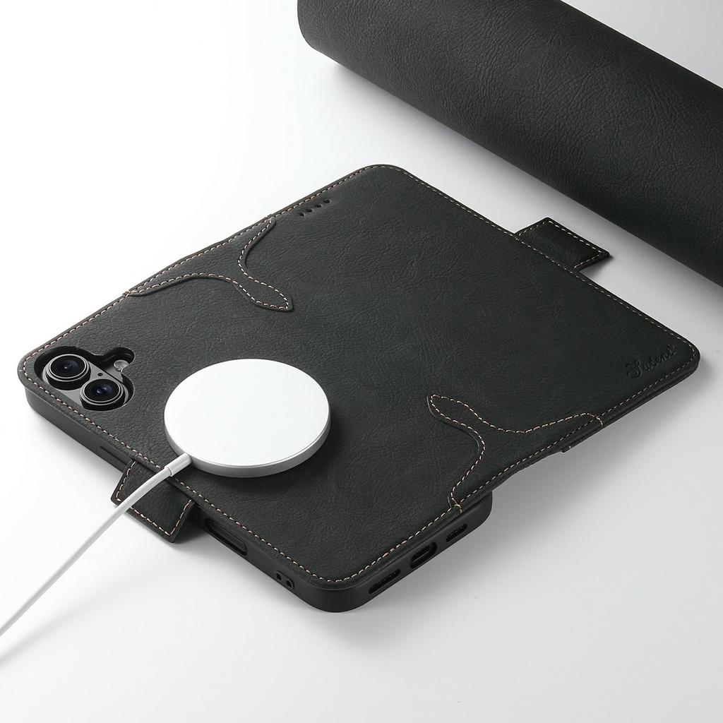 SUTENI J07 For iPhone 17 Case Compatible with MagSafe Litchi Texture Leather Wallet Phone Cover