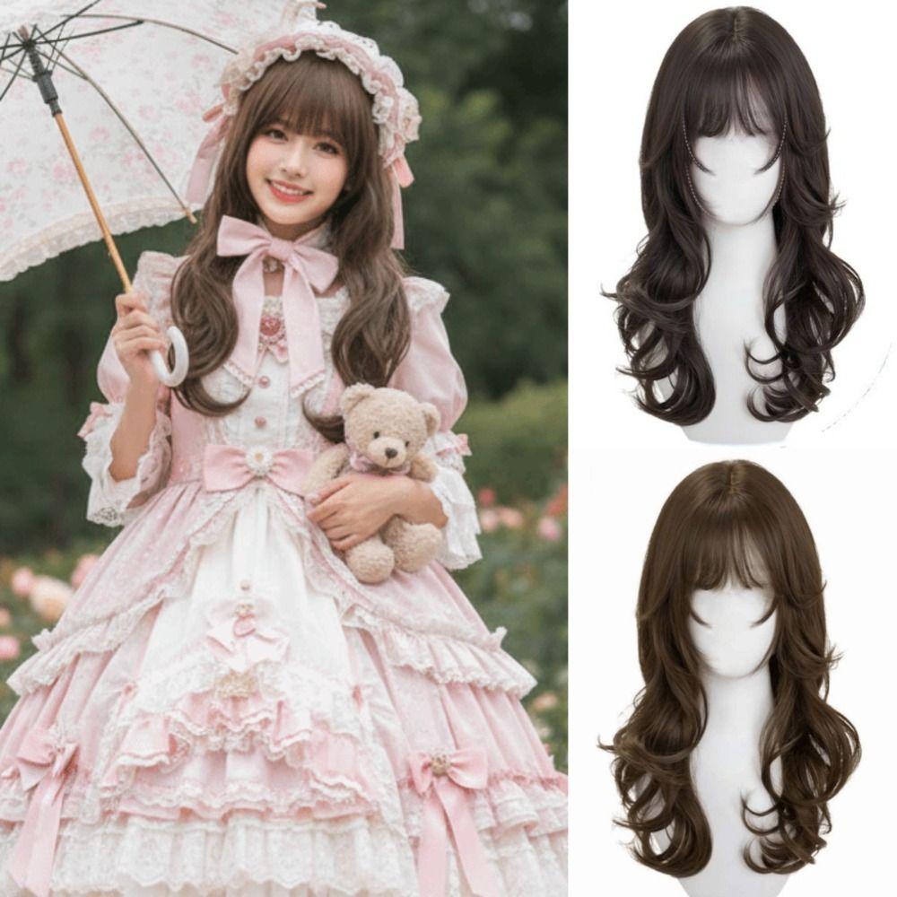 Parrucca Cosplay Stile Giapponese con Frangia Acconciatura Carina Lolita Stratificata Parrucche Capelli Lunghi Ricci Parrucca Festa
