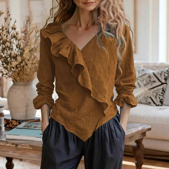 Women Tops V Neck Long Sleeve Ruffle Design Solid Color Commuter Blouse Loose Fit Work Party Casual Tops Daily Wear