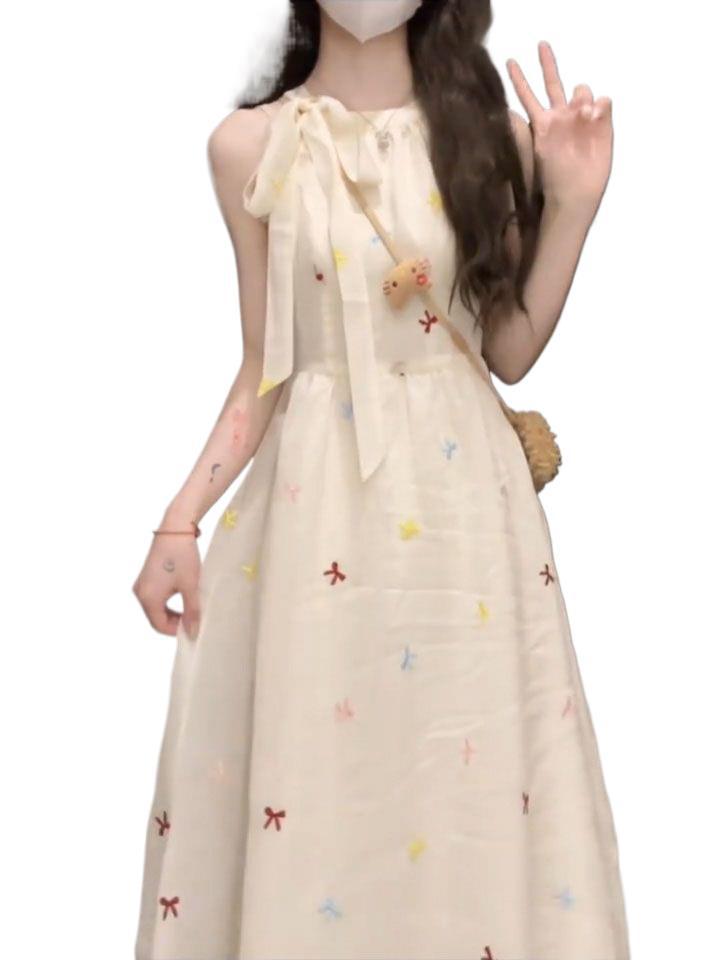 Bow sweet and gentle off-the-shoulder sleeveless dress women's summer thin waist and thin temperament versatile long skirt