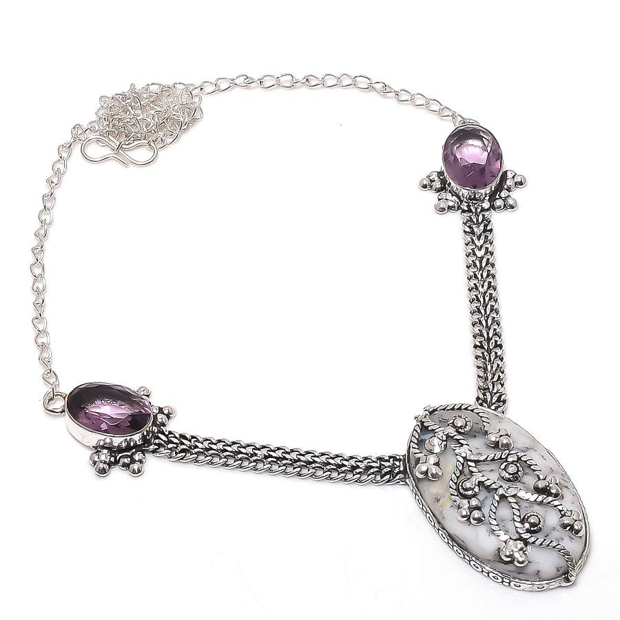 Natural Dendrite Opal, Amethyst 925 Sterling Silver Jewelry Necklace 18" s9h85