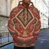 Men Plus Size Long Sleeve Drawstring Hoodie Blue White Printed Pullover With Kangaroo Pocket