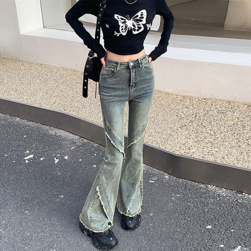 Women's Nostalgic Retro High Waist Slim Fit Patchwork Stretch Frayed Hem Micro Flare Jeans for Spring and Autumn