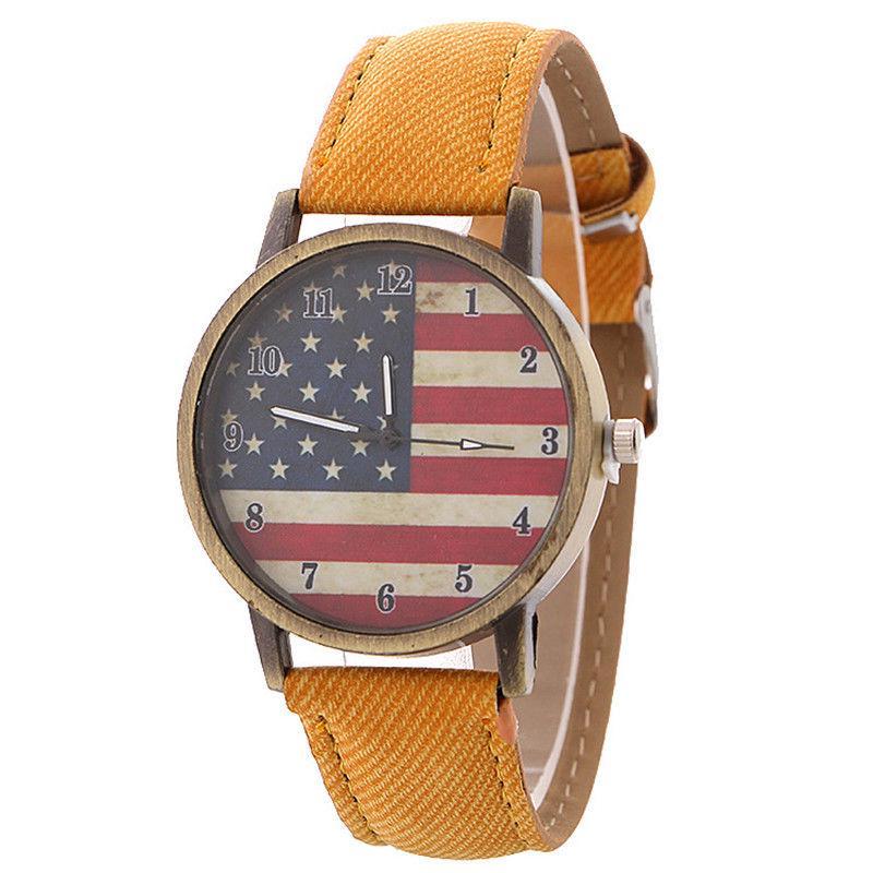 Vintage British Style Quartz Watch With Denim Band And American Flag For Unisex Casual Wear