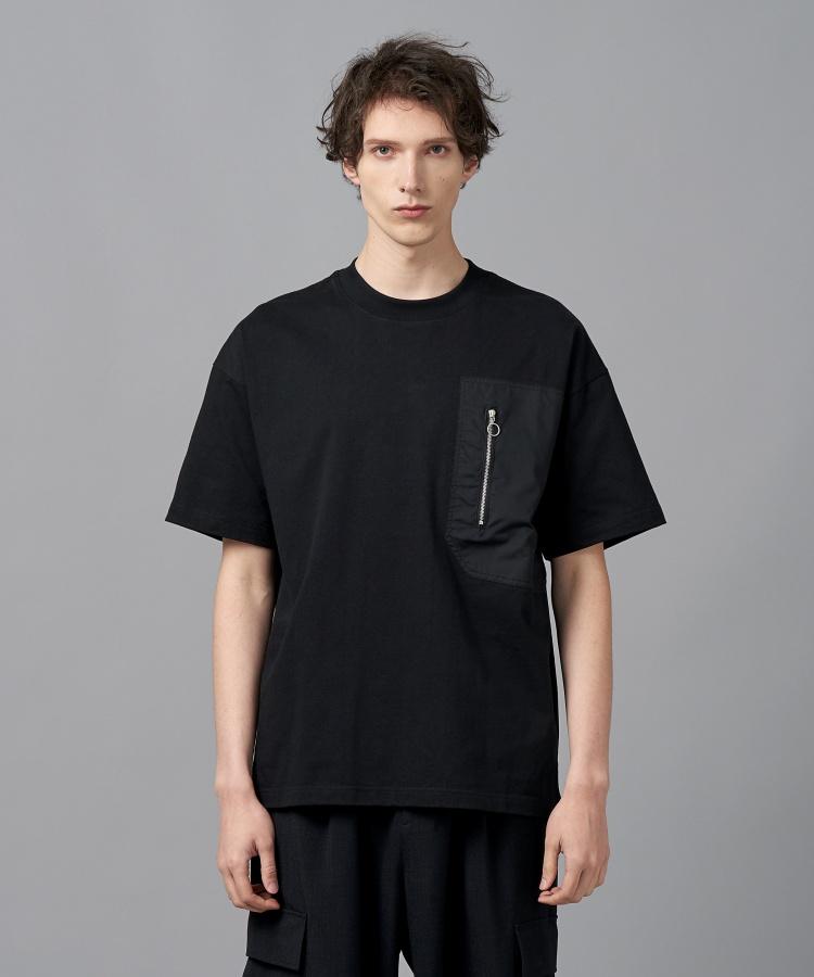 COMSPACE1980 Overside Zipper Pocket Woven Contrast T-Shirt_Black