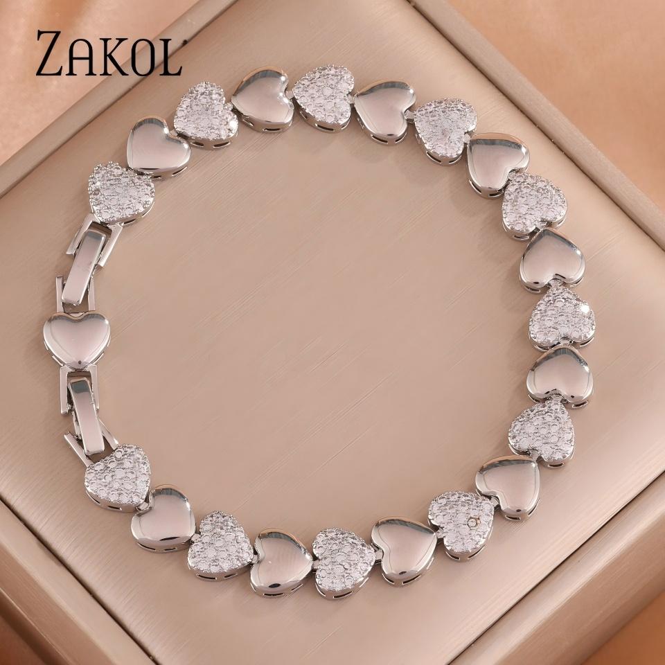 ZAKOL Exquisite Heart Tennis Bracelet For Women Paved Cubic Zirconia Wrist Accessories Wedding Party Valentine Gift