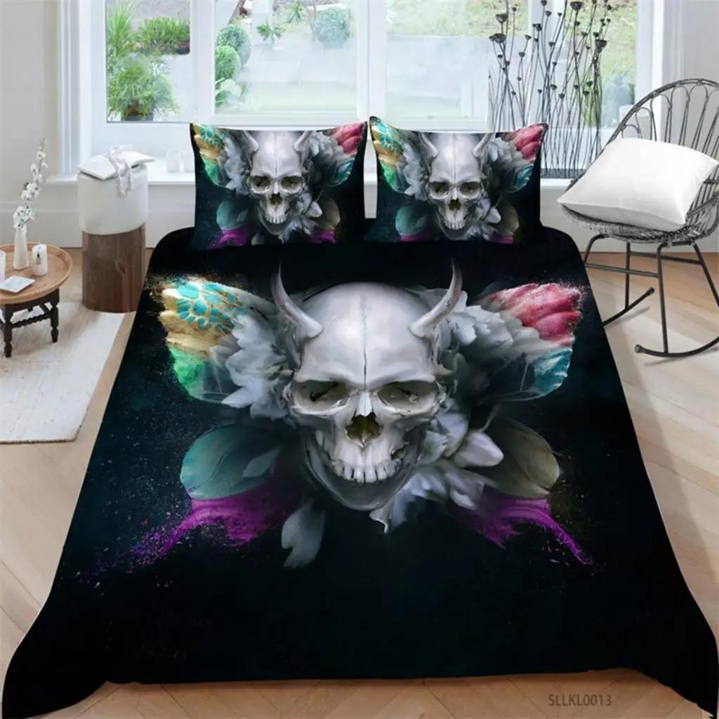 Sugar Skull Duvet Cover Gothic Skull Skeleton Bedding Set Horror Theme Comforter Cover Full King For Teens Adults Bedroom Decor