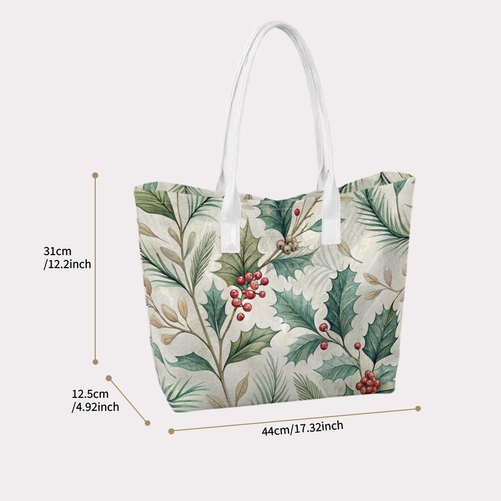 Christmas Holly Berry Print Tote Bag Aesthetic Casual Daily Portable Shoulder Bag