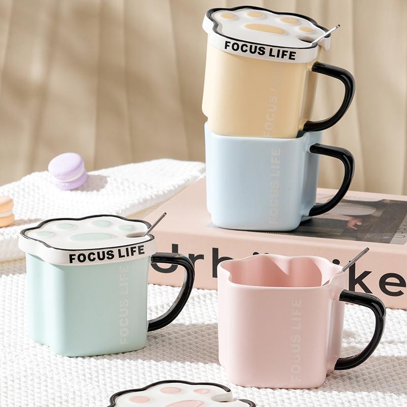 

Ложка с крышкой и кошачьими когтями Керамическая чашка Dopamine Girls Office Завтрак Молочная чашка Милая кружка Высококачественная чашка для воды 400ML