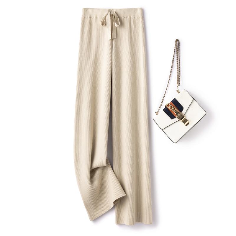 Women's White Wool Knit Wide-Leg Elastic High-Waist Floor-Length Pants — Autumn/Winter Drapey, Loose-Fit, Versatile, Straight-Leg Pants