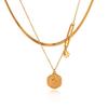 Double-layered Stacked Blade Chain Stainless Steel Necklace with Round Plaque Relief Eight-pointed Star Pendant Jewelry