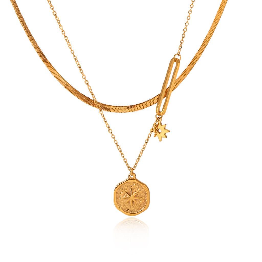 Double-layered Stacked Blade Chain Stainless Steel Necklace with Round Plaque Relief Eight-pointed Star Pendant Jewelry