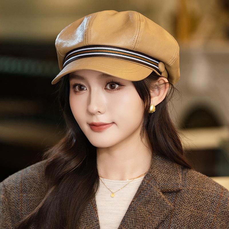 Korean Version of Retro Leather Beret Women's Autumn and Winter Outdoor Leisure Windproof and Warm Octagonal Hat British Style Painter Hat