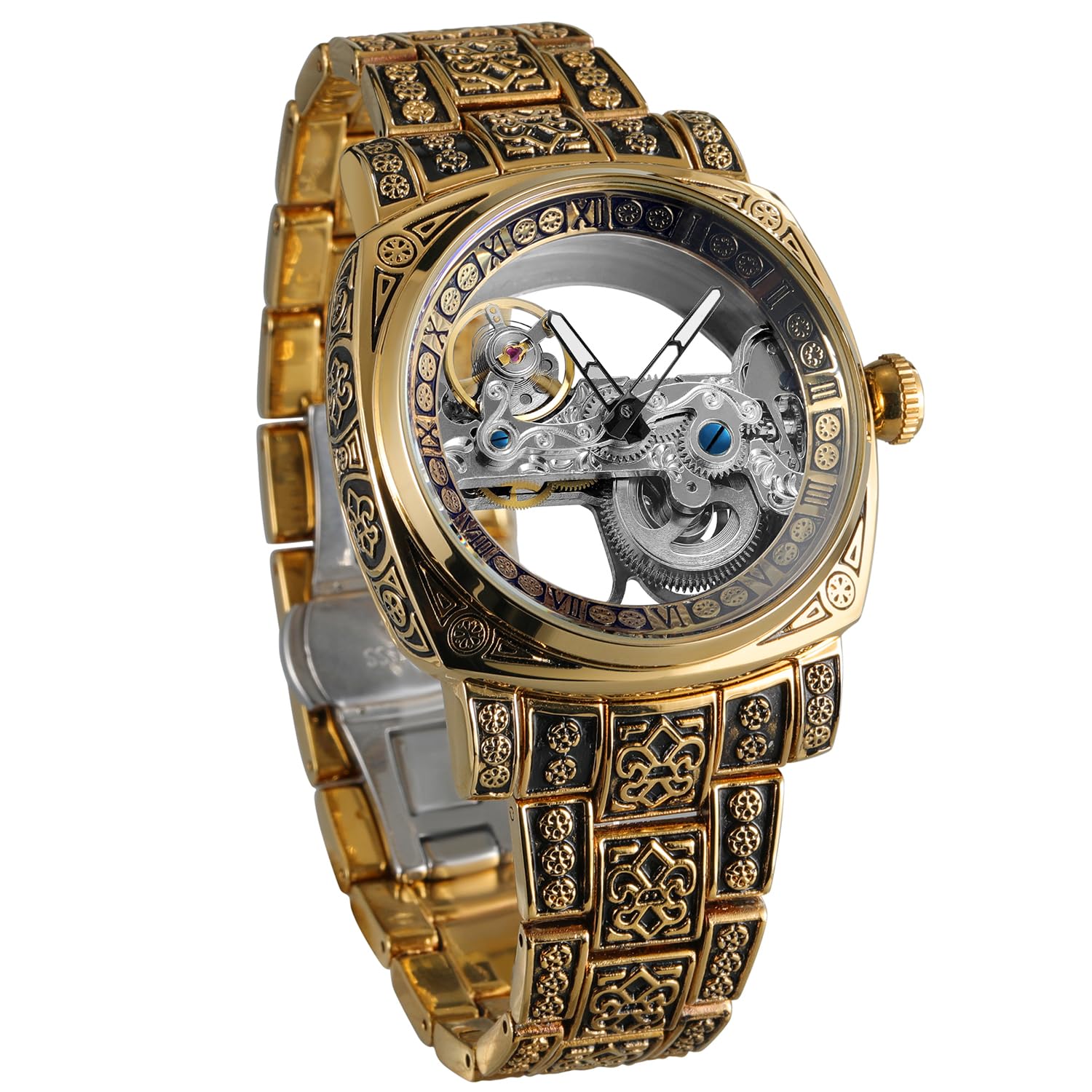 

BOLYTE Автоматические механические часы-скелетон Квадратные Винтажные С открытым мостом Люминесцентные Ремешок из нержавеющей стали Раскладывающаяся застежка Ретро Мужские - Корпус, Гравировка, золотой