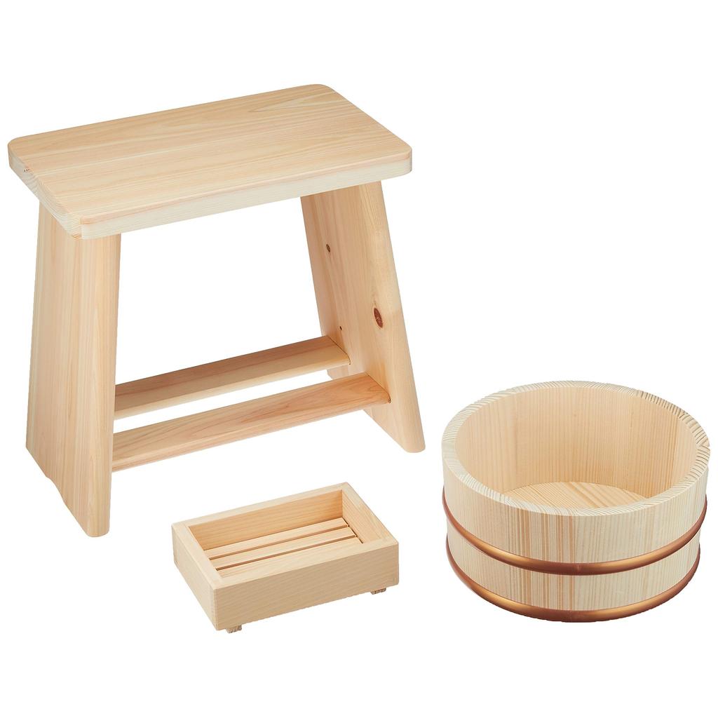 Hoshino Industrial Japanese-Made 3-Piece Bath Set A - Cypress Bath Chair, Fir Bath Bucket, Cypress Soap Dish