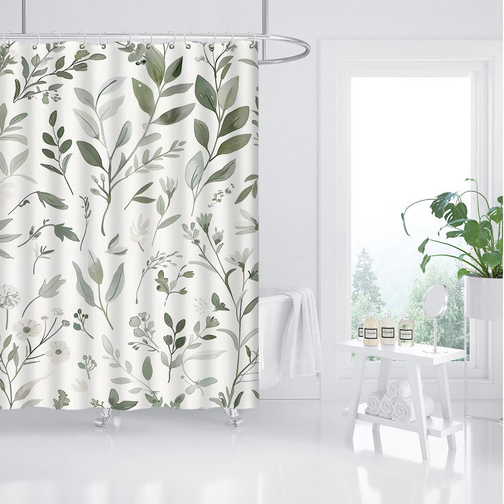 Rideau de douche à impression numérique feuille verte nordique - Imperméable, Idéal pour la décoration de salle de bain et la séparation de toilettes