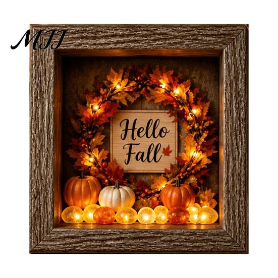 Desktop Mantel Decor Halloween Shadow Box Frame DIY Lighted Craft Kit, Wooden Night Light with Kit for Adults Sea Glass Stones, Gothic LED Memory