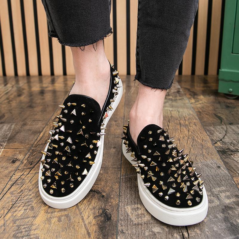 Fashion Trend New Men's Gold Slip On Punk Rivet Loafter Leisure Leather Shoes Male Comfortable Sneakers Tenis Masculino Zapatos Hombre