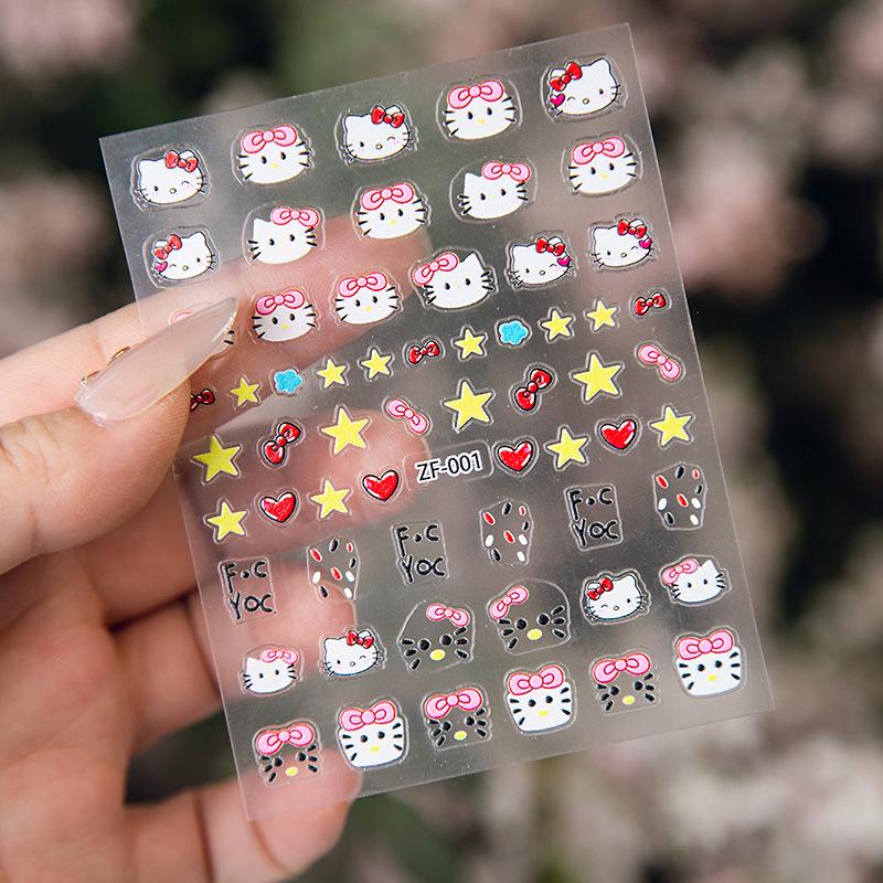Charming Hello Kitty Nail Art Stickers: Cute Cartoon Designs with Bows & Stars