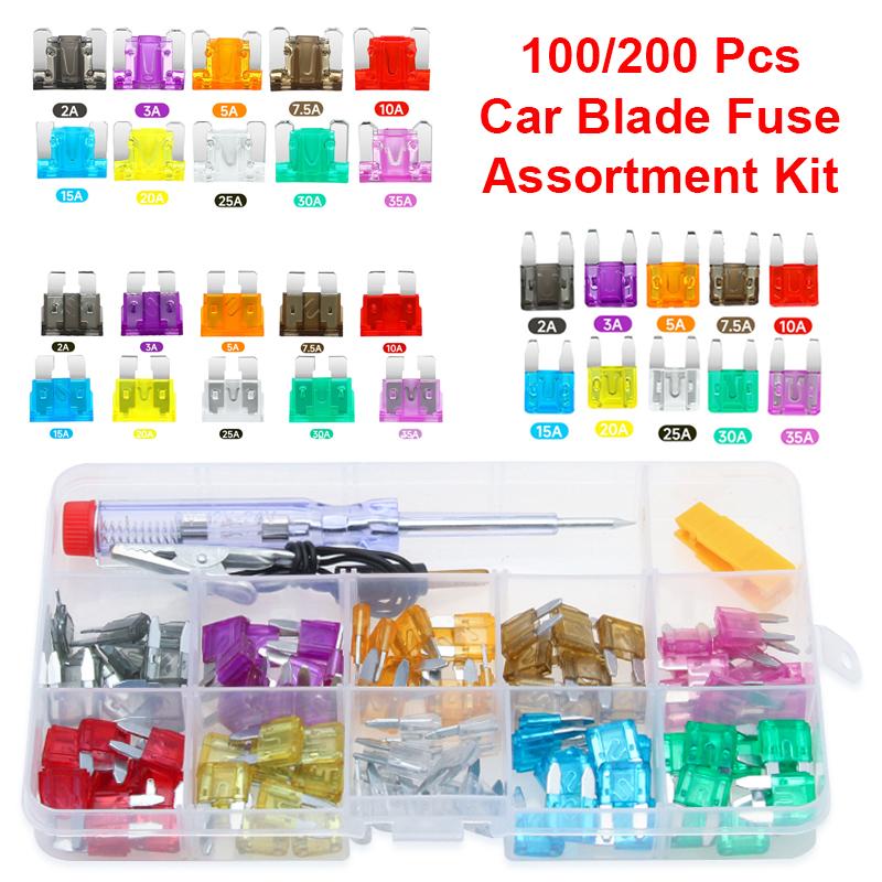 100/200Pcs Car Blade Fuse Assortment Kit Auto Truck Automotive Medium Small Sizes Mixed Motorcycle Circuit Fuse With Box 2A-35A Fuse Holders1